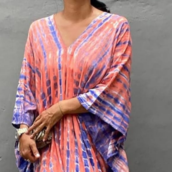 Pink Lavender Tie Dye Hippie Kaftan Long Loose Maxi V Dress Bohemian Dyed Caftan - Picture 6 of 8
